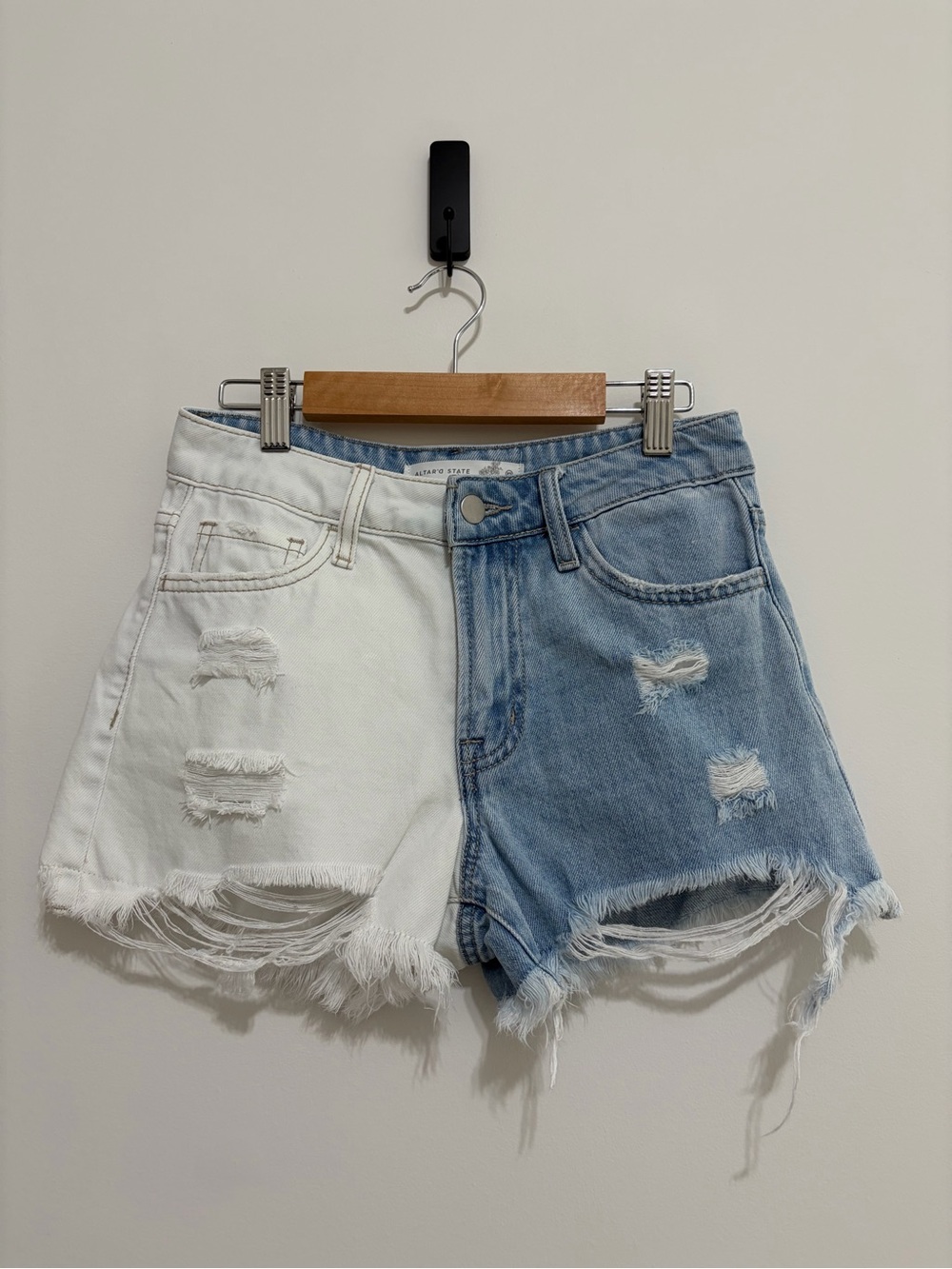 Two-Tone Distressed Denim Shorts in White & Light Blue